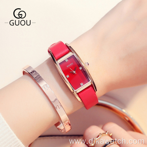 GUOU Square Watch Ladies Waterproof Wristwatches Rhinestone Quartz Watches for Women Fashion Leather Strap Rectangle Dial Female